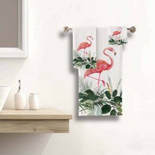 Conjunto De Toalhas Flamingo Rosa Folhas Tropicais Aquarela Palmeira