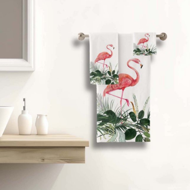 Conjunto De Toalhas Flamingo Rosa Folhas Tropicais Aquarela Palmeira (Criador carregado)