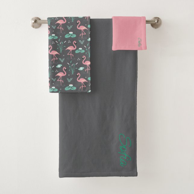 Conjunto De Toalhas Flamingo Rosa padrão cinza e turquesa fofo (Insitu)