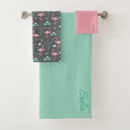 Conjunto De Toalhas Flamingo Rosa padrão cinza turquesa fofo