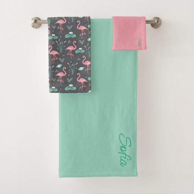 Conjunto De Toalhas Flamingo Rosa padrão cinza turquesa fofo (Insitu)
