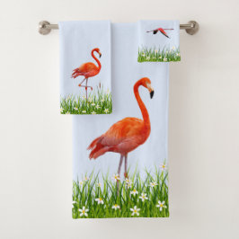 Conjunto De Toalhas Flamingo Rosa & Prado com Flores em Azul Claro