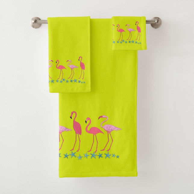Conjunto De Toalhas Flamingos e Estrelas do Mar Brilhando Chartreuse (Insitu)