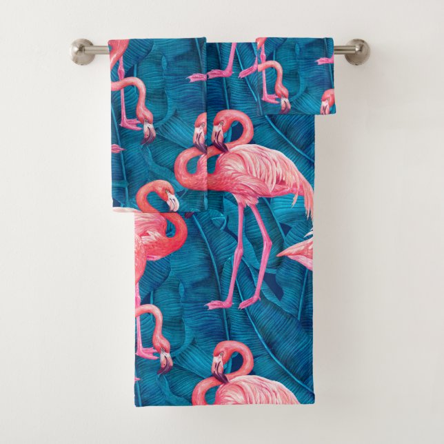 Conjunto De Toalhas Flamingos em folhas de bananas azuis (Insitu)