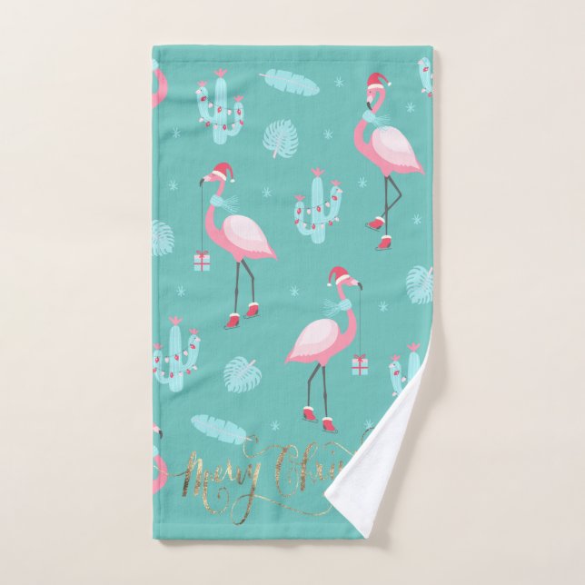 Conjunto De Toalhas Flamingos Santa Hat apresenta flocos de neve (Toalha de mão)