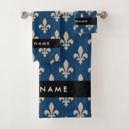 Conjunto De Toalhas Fleur de Lis, Beige on Navy Blue, Royal, Your Name