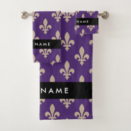 Conjunto De Toalhas Fleur de Lis, Beige on Purple, Royal, Your Name