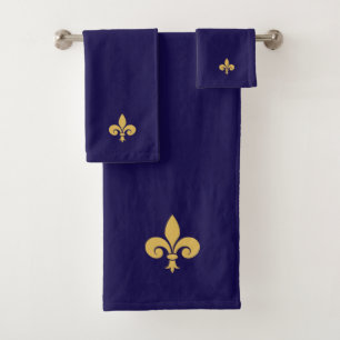 Conjunto De Toalhas Fleur de Lis Dourada em Azul Marinho