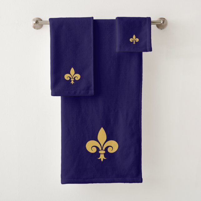 Conjunto De Toalhas Fleur de Lis Dourada sobre Azul Marinho (Insitu)