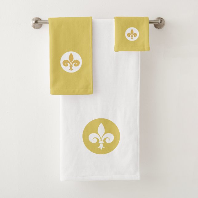 Conjunto De Toalhas Fleur de Lis em Ouro e Branco (Insitu)