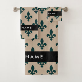 Conjunto De Toalhas Fleur de Lis, Green on Beige, Royal, Your Name