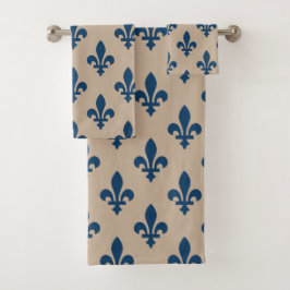Conjunto De Toalhas Fleur de Lis Pattern, Royal French Blue em Creme