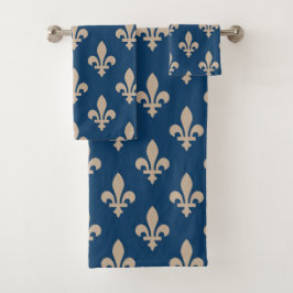 Conjunto De Toalhas Fleur de Lis Pattern, Royal French, Cream on Blue