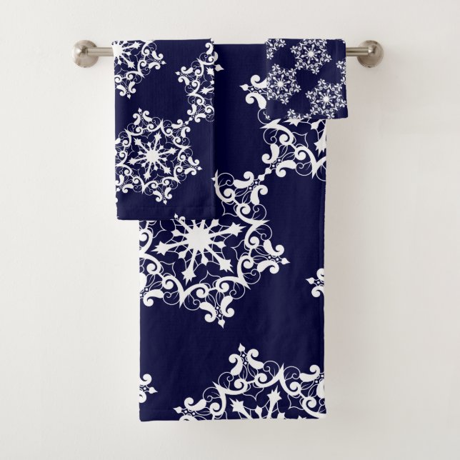 Conjunto De Toalhas Floco de neve branco em azul escuro (Insitu)
