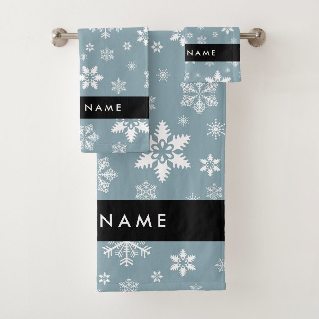 Conjunto De Toalhas Flocos de neve brancos, Cinzas, seu nome, Personal (Insitu)