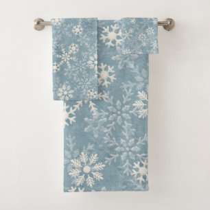 Conjunto De Toalhas Flocos de neve brancos em fundo azul