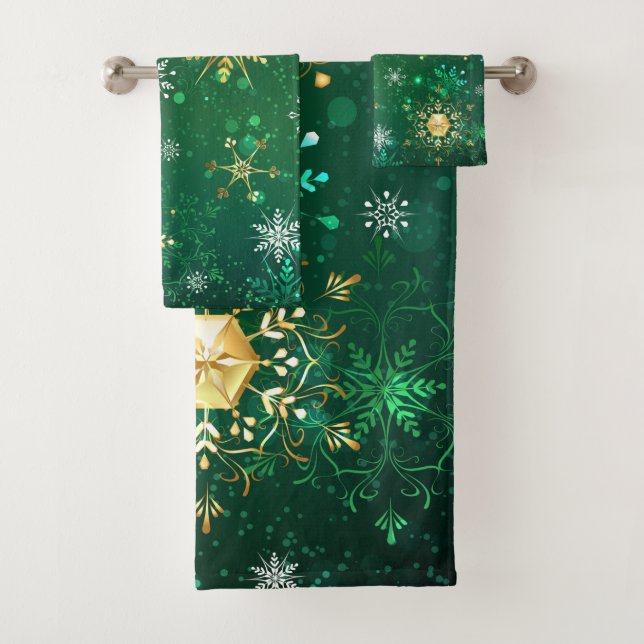 Conjunto De Toalhas Flocos de neve do Ouro Xmas em fundo verde (Insitu)