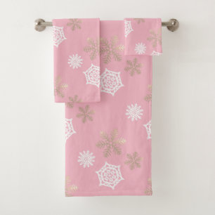 Conjunto De Toalhas flocos de neve dourados e brancos contra rosa