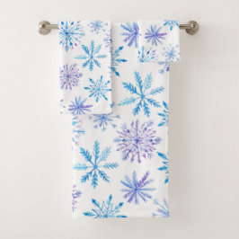 Conjunto De Toalhas Flocos de neve em aquarela azul e roxo
