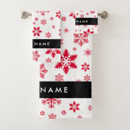Conjunto De Toalhas Flocos de neve vermelhos, seu nome, personalize