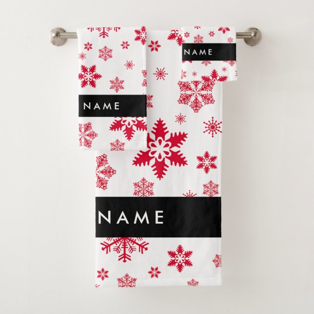 Conjunto De Toalhas Flocos de neve vermelhos, seu nome, personalize (Insitu)