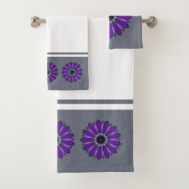 Conjunto De Toalhas Flor Abstrata Cinza e Roxa
