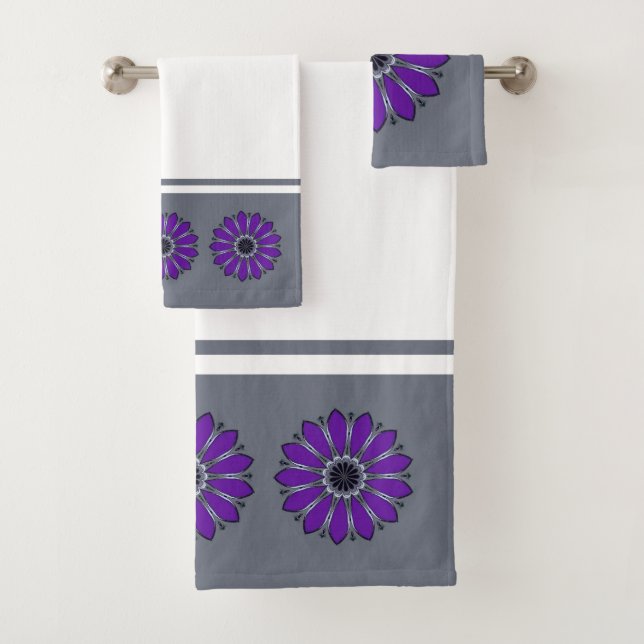 Conjunto De Toalhas Flor Abstrata Cinza e Roxa (Insitu)