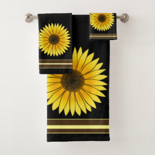 Conjunto De Toalhas Flor Amarelo Duplo Girassol Fundo Negro