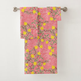 Conjunto De Toalhas Flor amarelo jasmim no rosa coral