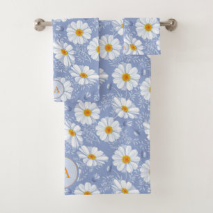 Conjunto De Toalhas Flor azul, alaranjada Monogrammed no fundo azul