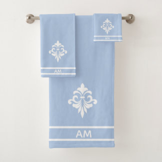Conjunto De Toalhas Flor Branca, Monograma e Listras em Azul Claro
