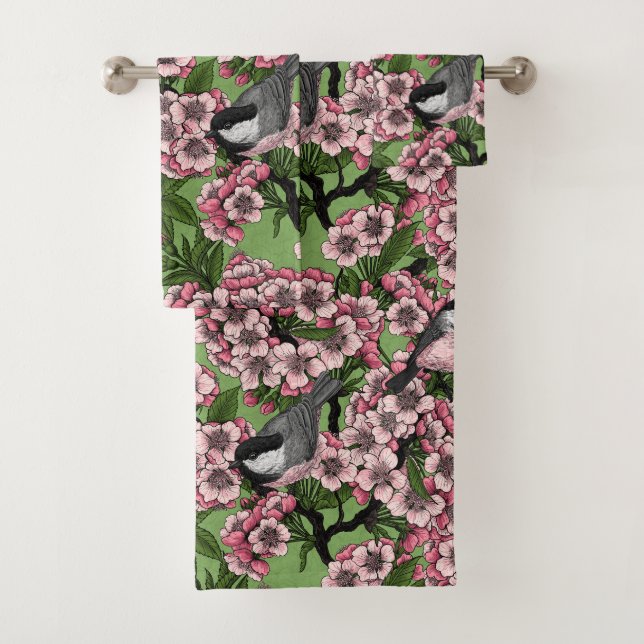 Conjunto De Toalhas Flor de cereja e galinhas em verde (Insitu)