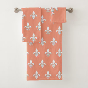 Conjunto De Toalhas Flor de Lis Branca sobre Rosa Coral Claro / Pêsseg
