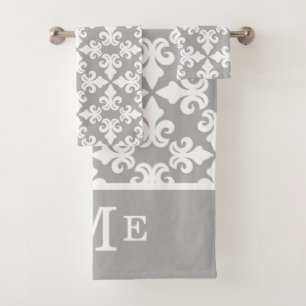 Conjunto De Toalhas Flor de lis do branco cinzento do monograma