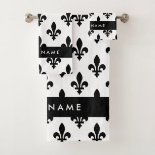 Conjunto De Toalhas Flor de Lis, Preto sobre Branco, Preto, Seu Nome