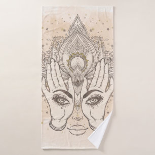 Conjunto De Toalhas Flor de Lótus Boho em Bege e Dourado Beleza
