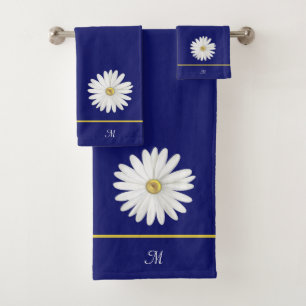 Conjunto De Toalhas Flor de Margarida & Monograma em Azul Marinho