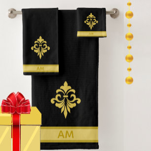 Conjunto De Toalhas Flor de Ouro Elegante, Monograma e Listra em Preto
