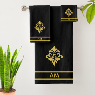 Conjunto De Toalhas Flor de Ouro Elegante, Monograma e Listras em Pret