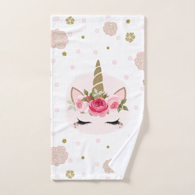 Conjunto De Toalhas Flor de Unicórnio Dourado e Rosa Brilho Flor Cute  (Toalha de mão)