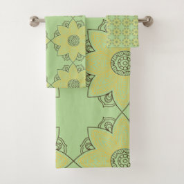 Conjunto De Toalhas Flor Mandala Verde e Amarelo