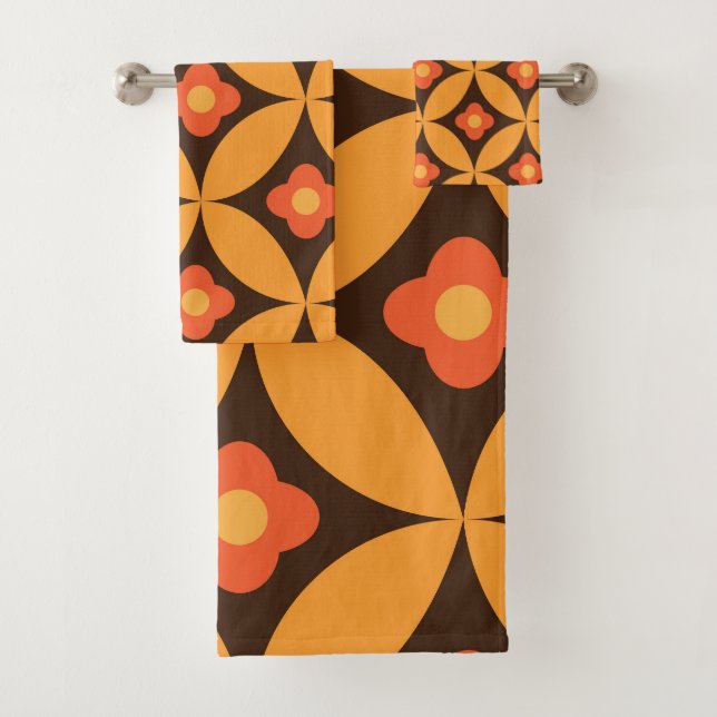 Conjunto De Toalhas Flor retrô em círculos laranja de meados do século (Insitu)