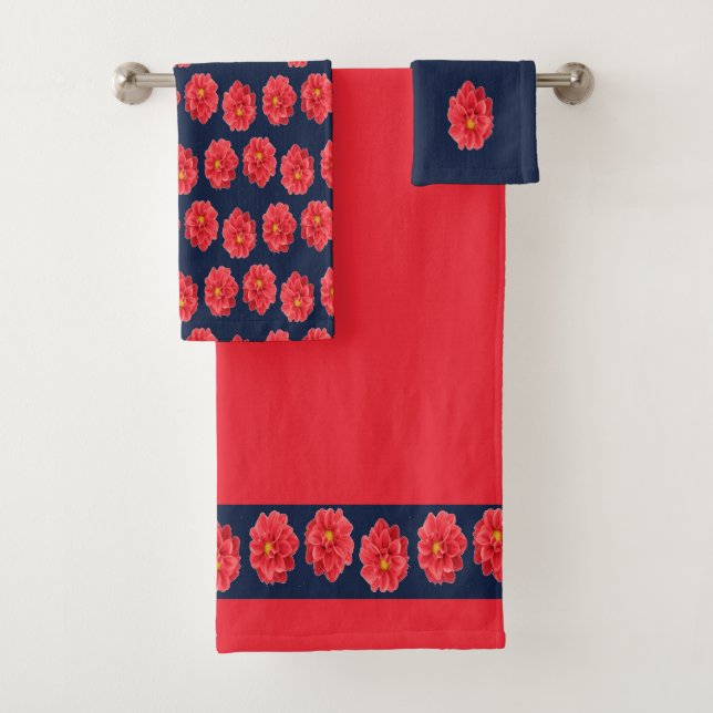 Conjunto De Toalhas Flor rosa dahlia em azul (Insitu)