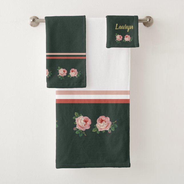 Conjunto De Toalhas Flor rosa e folhas em verde escuro (Insitu)