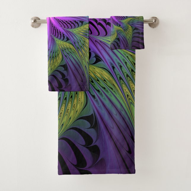 Conjunto De Toalhas Flor Verde Roxo, Abstrato, Arte Fractal (Insitu)