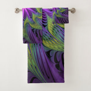 Conjunto De Toalhas Flor Verde Roxo, Abstrato, Arte Fractal