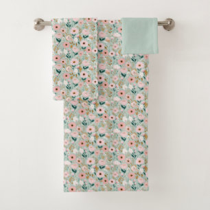 Conjunto De Toalhas Florais de Aguarela Rosa Verde Cottagecore