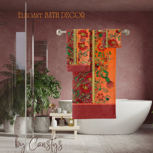 Conjunto De Toalhas Florais de Laranja Vermelho Oriental