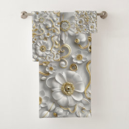 Conjunto De Toalhas Floral 3D Dourado Branco