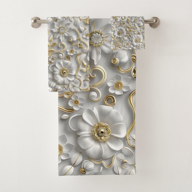 Conjunto De Toalhas Floral 3D Dourado Branco (Insitu)